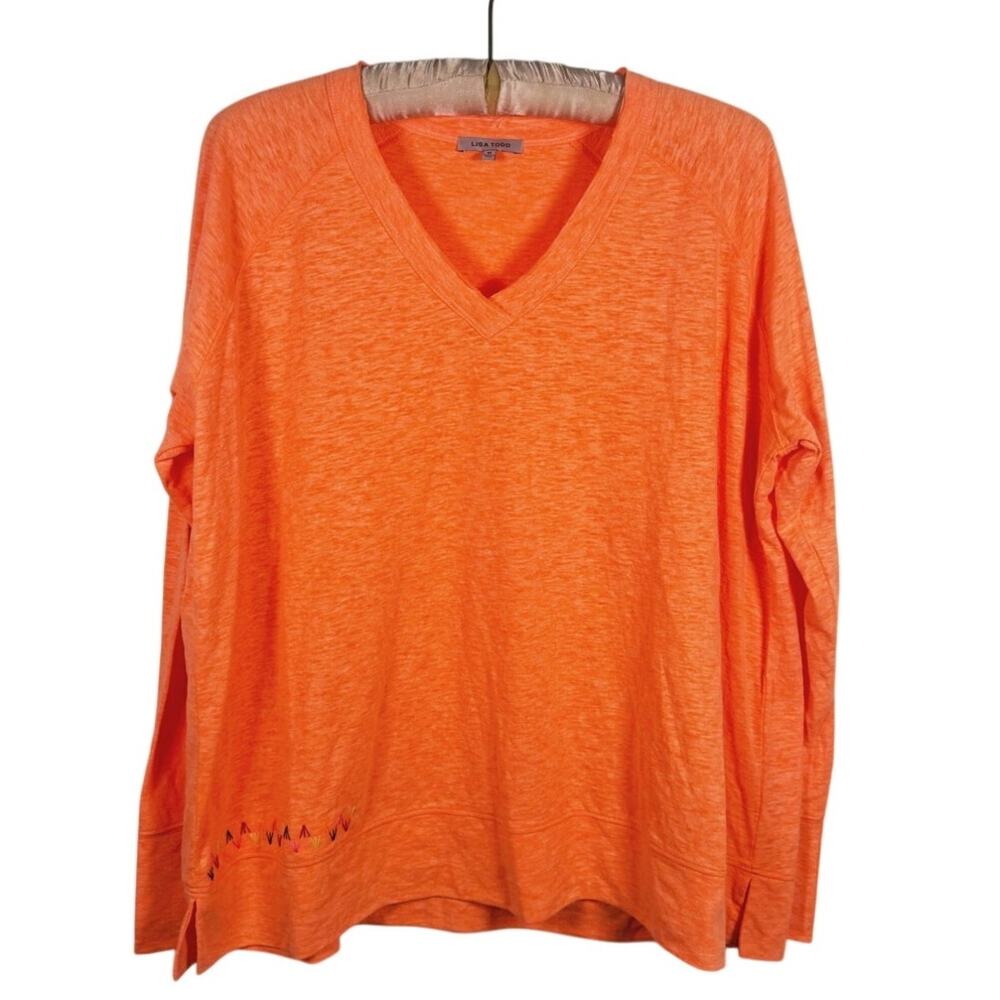 Lisa Todd Slub Knit V Neck Top Size Medium Orange Embroidered Artsy Casual